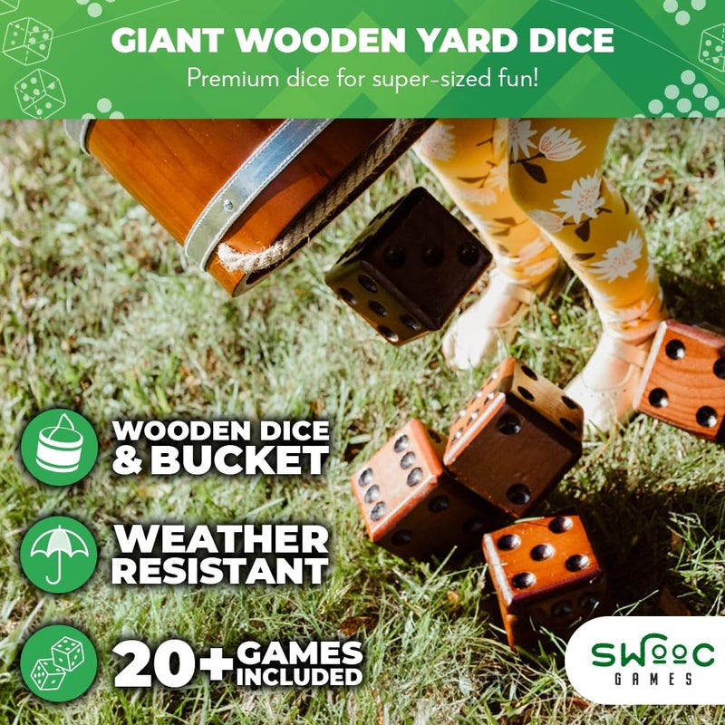 SWOOC Games - Yardzee, Farkle & 20+ Giant Dice Games (All Weather) Yard Dice with Wooden Bucket, 5 Scorecards & Marker - Jumbo Dice Yard Game - Extra Large Yard Games for Adults - Jumbo Lawn Games - Image 3